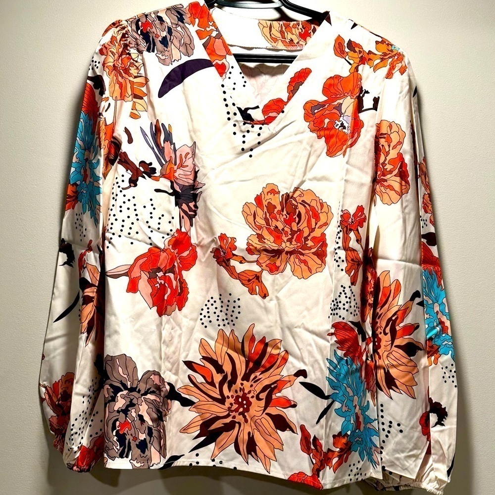 NEW Floral Print V-neck Blouse Fall Long Lantern Sleeve Loose Fit. Satin Like S - Picture 6 of 15